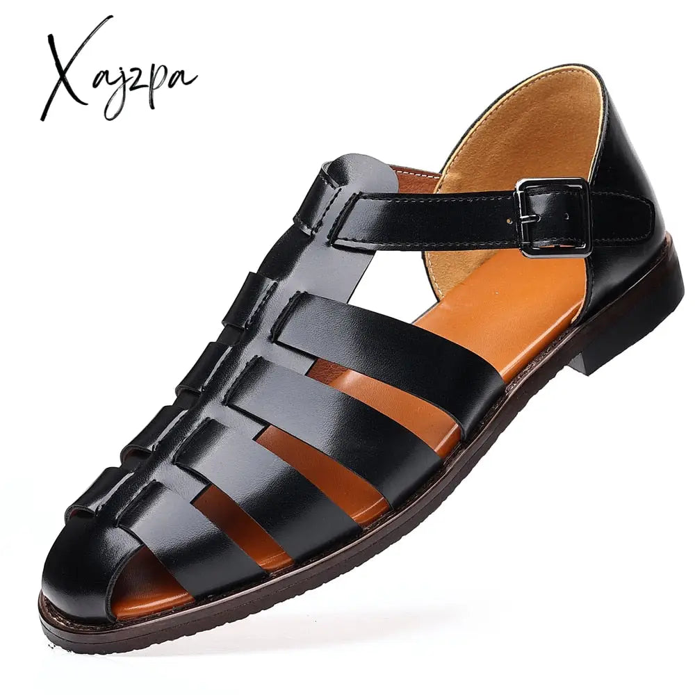 Xajzpa Big Size 48 Business Dress Men Sandals Breathable Soft Leather Shoes Black Half Slippers