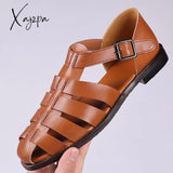 Xajzpa Big Size 48 Business Dress Men Sandals Breathable Soft Leather Shoes Black Half Slippers