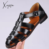 Xajzpa Big Size 48 Business Dress Men Sandals Breathable Soft Leather Shoes Black Men Half Slippers Summer Moccasins Men shoes hombre