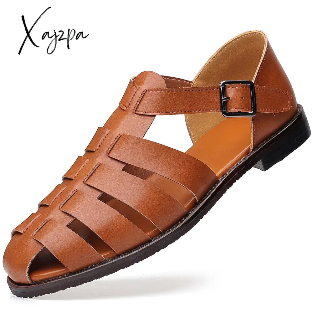 Xajzpa Big Size 48 Business Dress Men Sandals Breathable Soft Leather Shoes Black Half Slippers