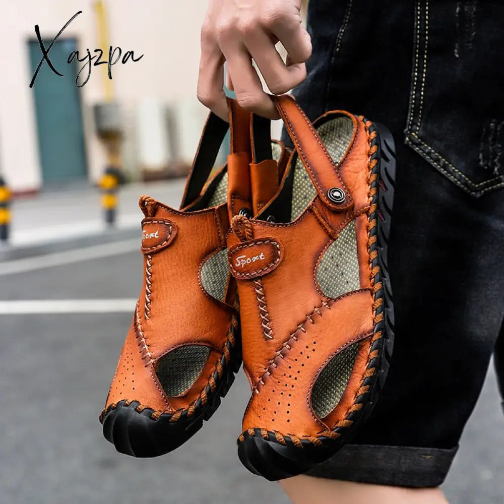 Xajzpa - Big Size 48 Men Leather Sandals Summer Classic Shoes Slippers Soft Roman Comfortable
