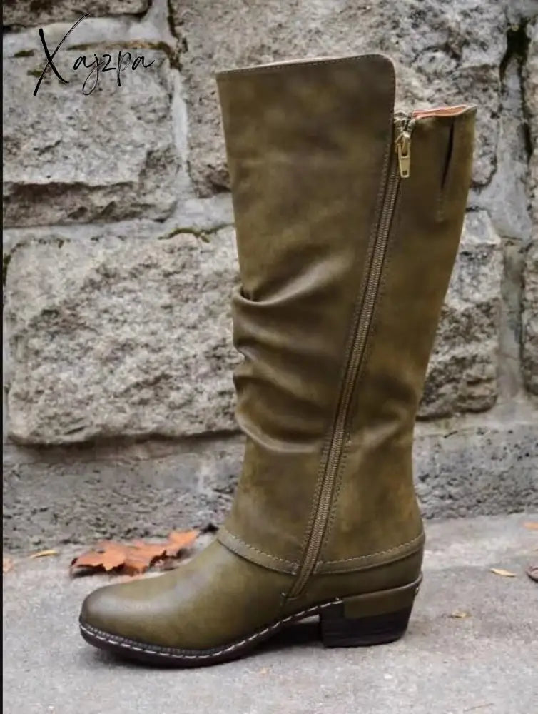 Xajzpa - Botas Mujer Winter Pu Leather Knee High Boots Women Snow Heels Zipper Female Shoes Black