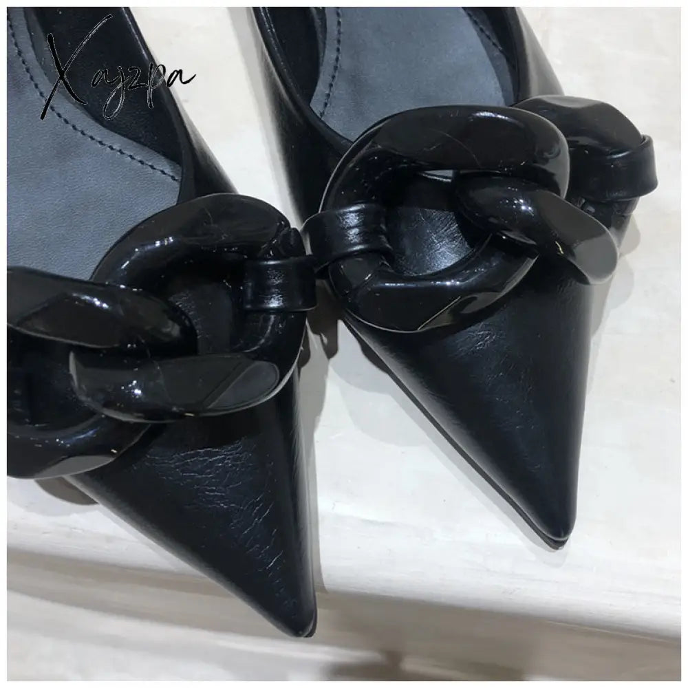 Xajzpa Brand Design Chain Buckle Flat Shoes Women Heel Ballet Pointed Toe Slip On Female Ballerina