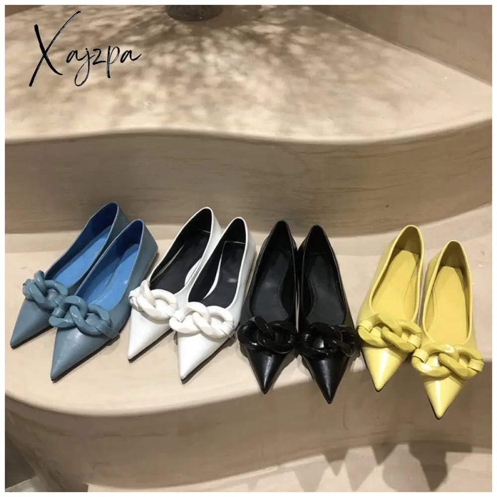 Xajzpa Brand Design Chain Buckle Flat Shoes Women Heel Ballet Pointed Toe Slip On Female Ballerina