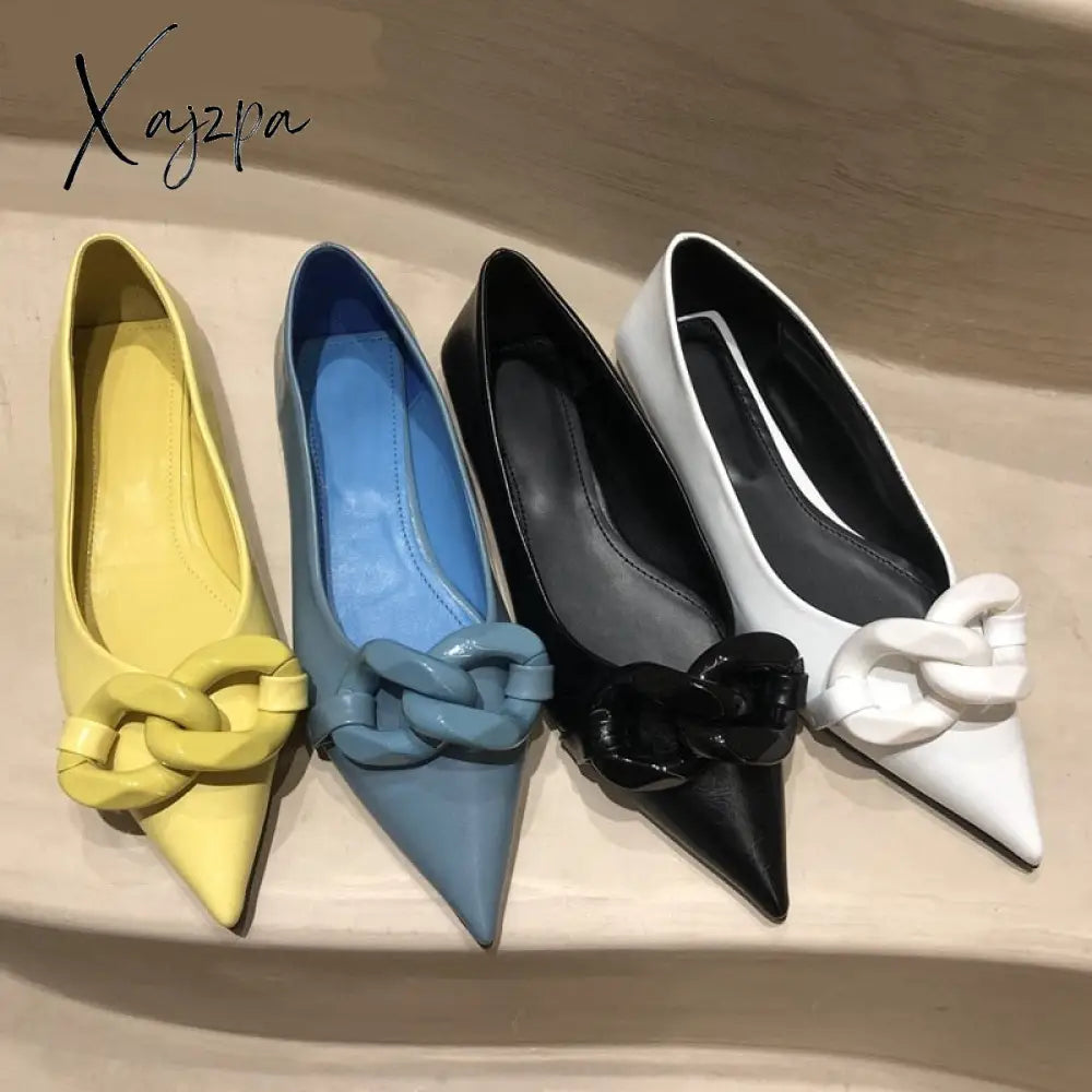 Xajzpa Brand Design Chain Buckle Flat Shoes Women Heel Ballet Pointed Toe Slip On Female Ballerina