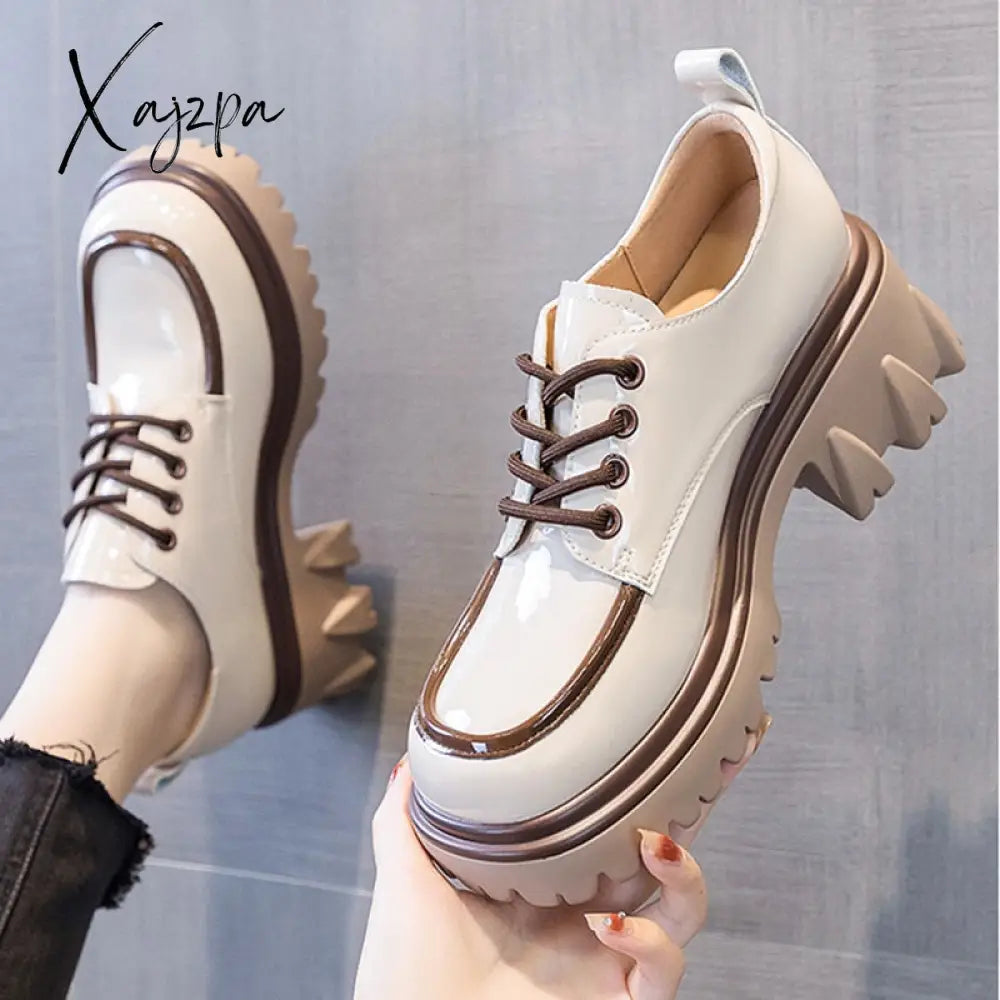 Xajzpa - British Style Chunky Platform Pumps Women 2023 Spring Lace Up Thick Heels Loafers Woman