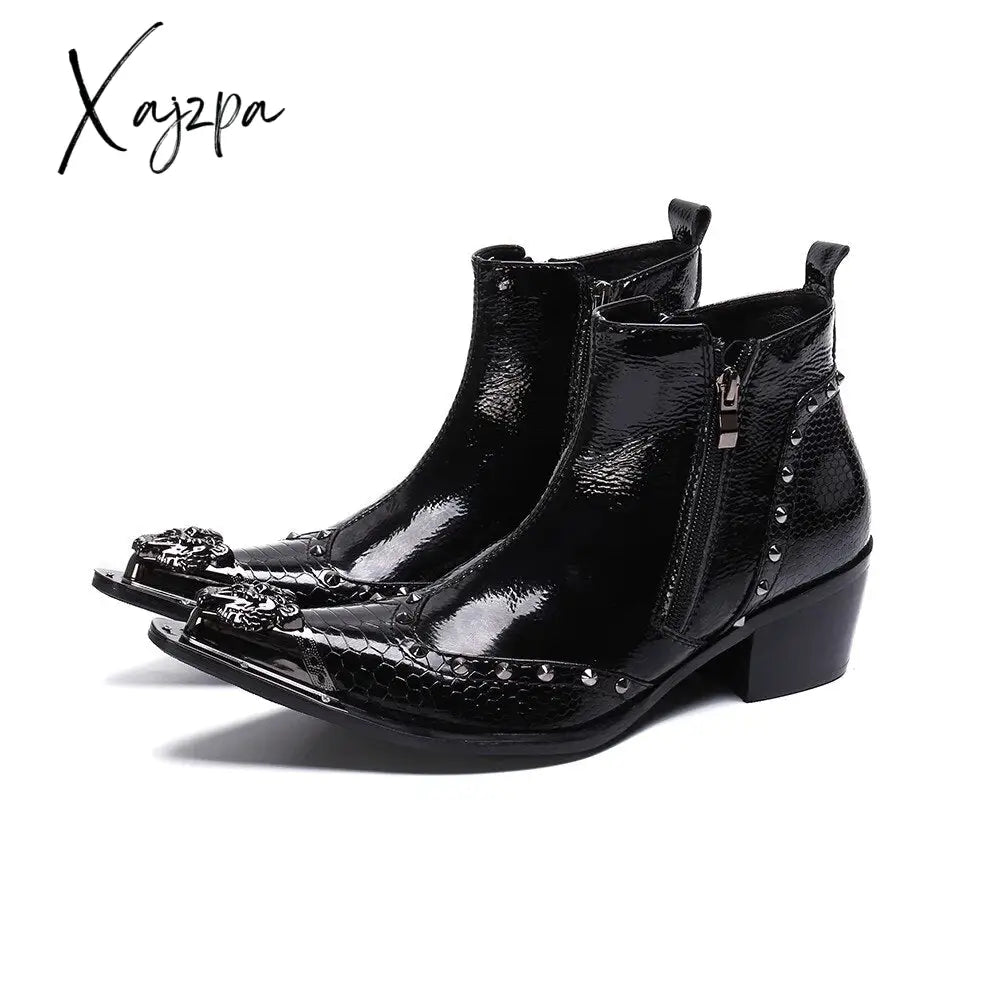 Xajzpa - British Style Punk Booties For Men Metal Buckle Pointed Toe Chelsea Shoes Genuine Leather
