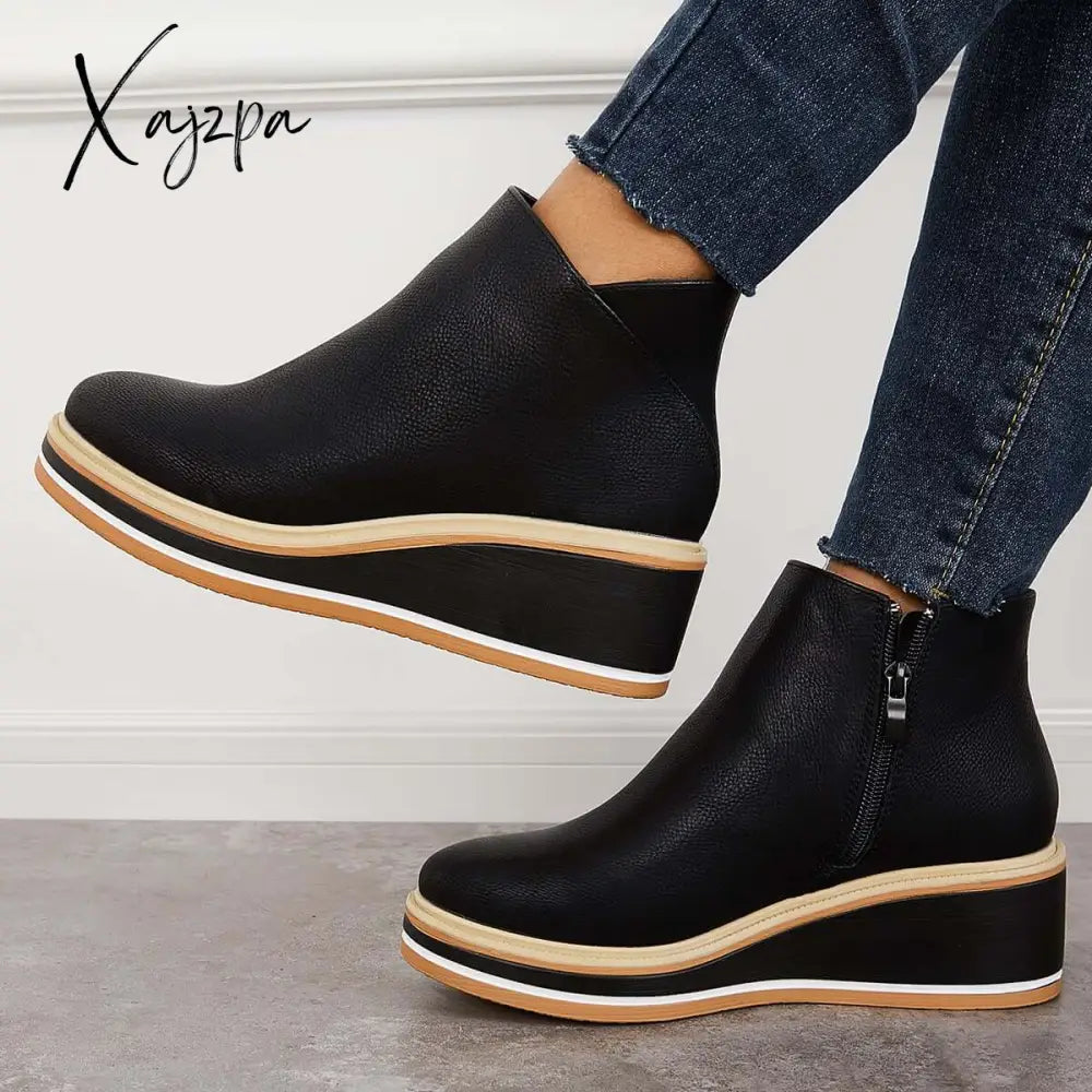 Xajzpa - Casual Wedge Sneakers Side Zipper Platform Ankle Boots