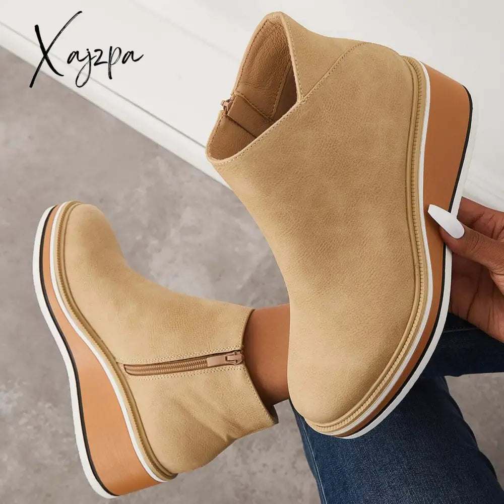 Xajzpa - Casual Wedge Sneakers Side Zipper Platform Ankle Boots