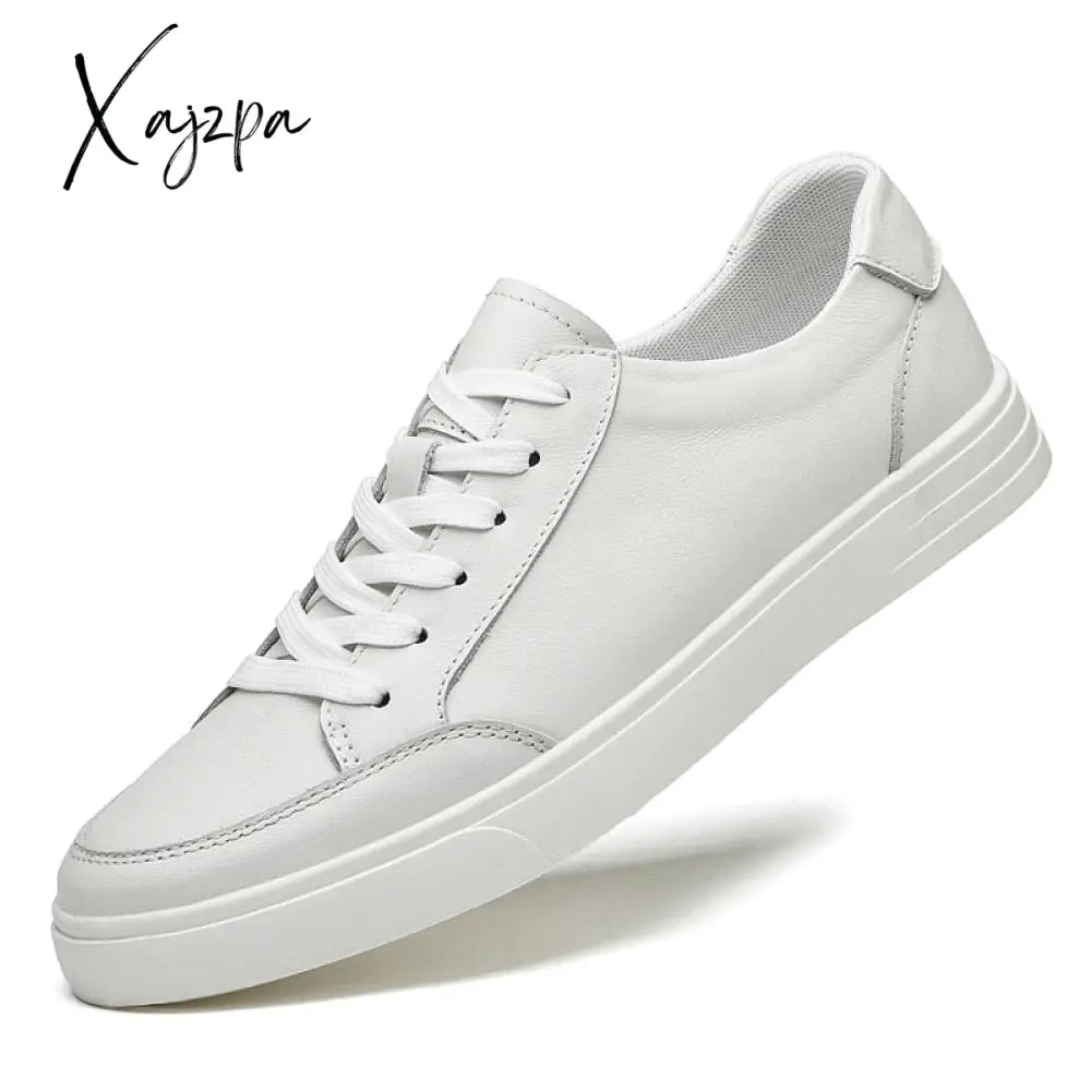 Xajzpa - Classic Men White Sneakers Soft Leather Shoes Lace-Up Casual Flats Genuine