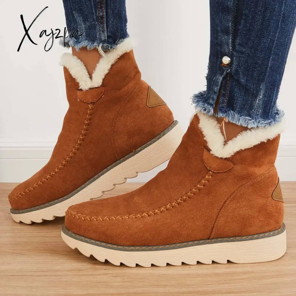 Xajzpa - Classic Non-Slip Ankle Snow Booties Warm Fur Lining Boots Brown / 5