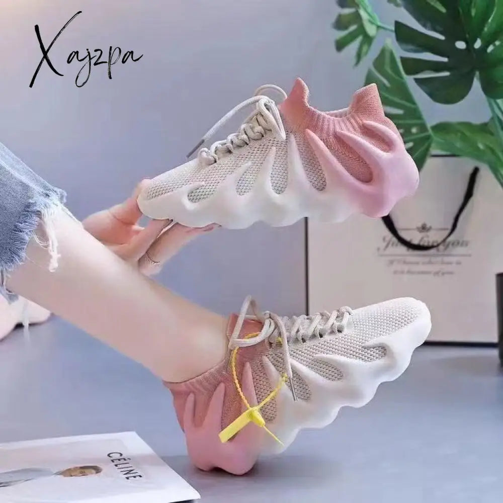 Xajzpa - Colorblock Lace Up Front Knit Sneaker Beige / Us4 Sneakers