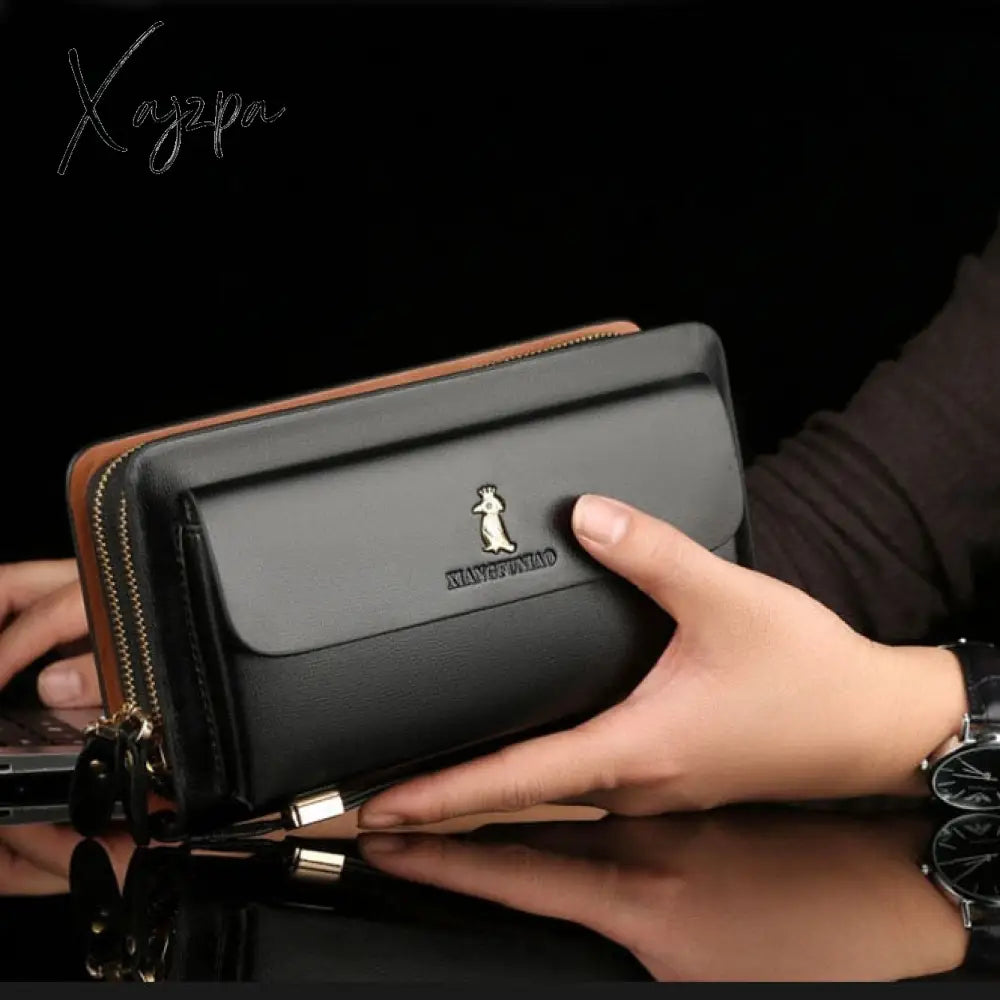 Xajzpa - Double Zipper Men’s Wallet Retro Luxury Clutch Bag Leather Organizer Big Capacity