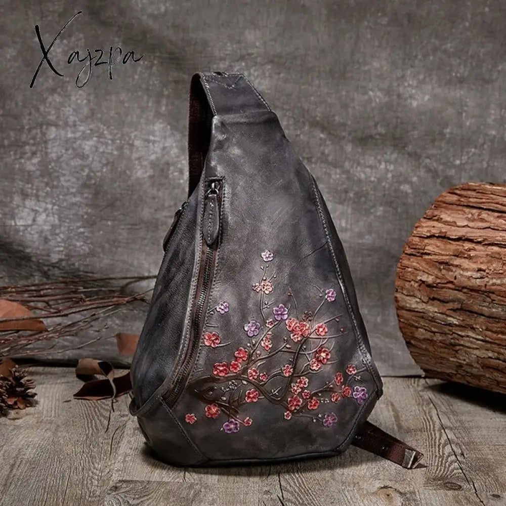 Xajzpa - Embossed Floral Women’s Retro Chest Bag Lady Genuine Cowhide Leather Crossbody Bags