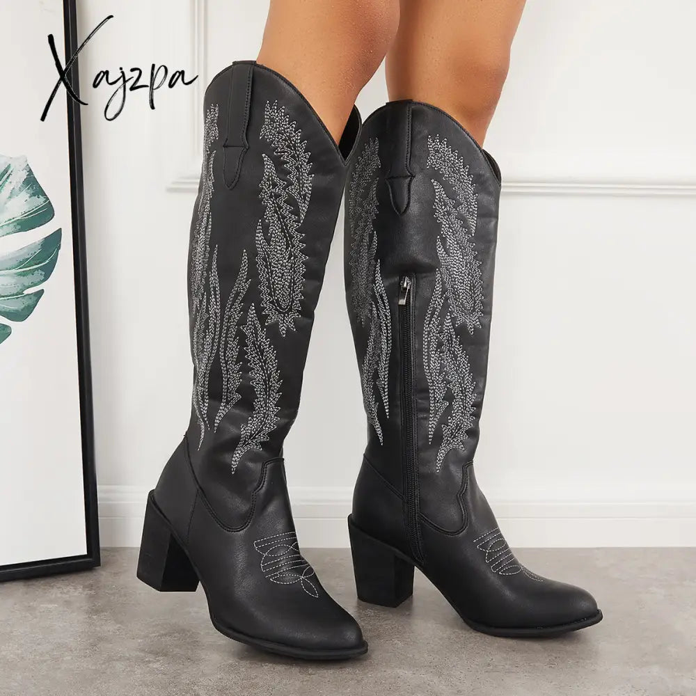 Xajzpa - Embroidered Western Cowboy Boots Chunky Heel Knee High Riding