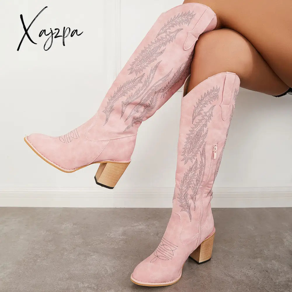 Xajzpa - Embroidered Western Cowboy Boots Chunky Heel Knee High Riding