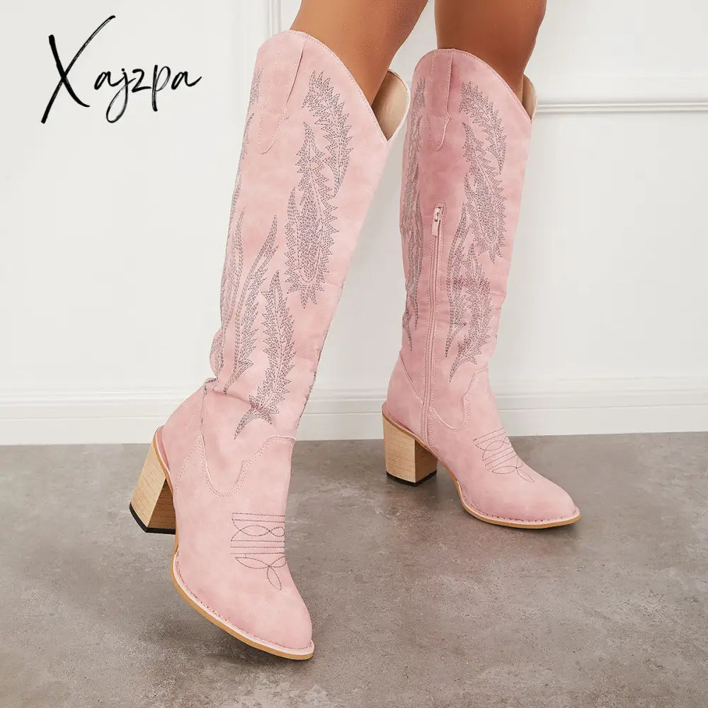 Xajzpa - Embroidered Western Cowboy Boots Chunky Heel Knee High Riding Pink / 5