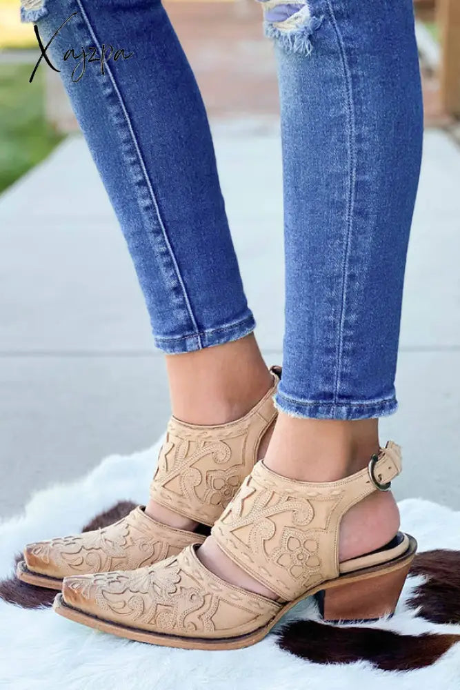 Xajzpa - Etching Cut Out Chunky Heels Ankle Mule Boots