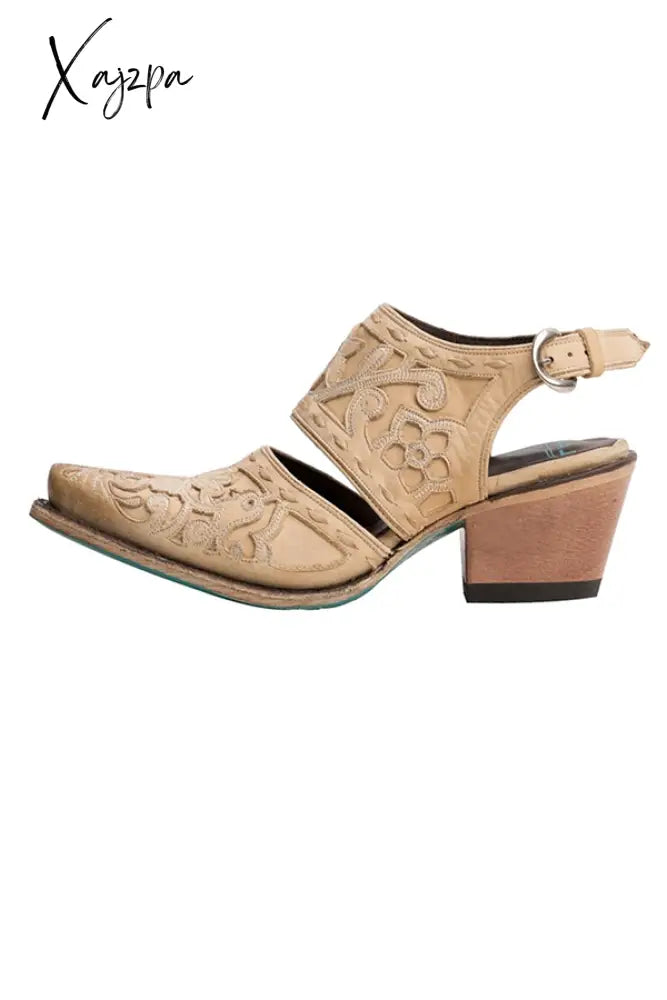 Xajzpa - Etching Cut Out Chunky Heels Ankle Mule Boots