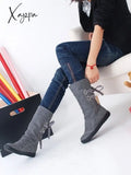 Xajzpa - Explosion Models Large Size Women's Shoes Belt Buckle In The Tube Boots After The Strap Flat Riding Women's Boots 40-43
