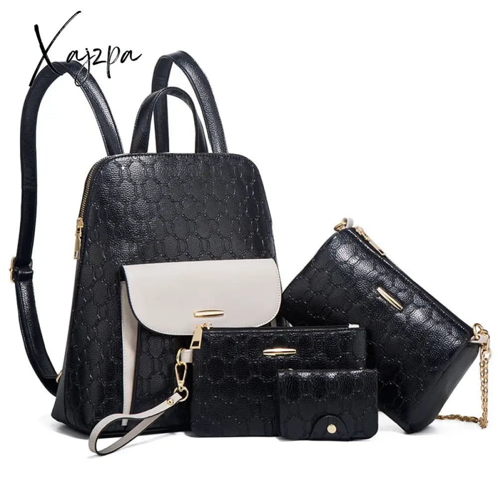 Xajzpa Fashion 4 Pcs Set Bag Women Print Design Hit Color Ladies Composite Backpacks Shoulder Stuend