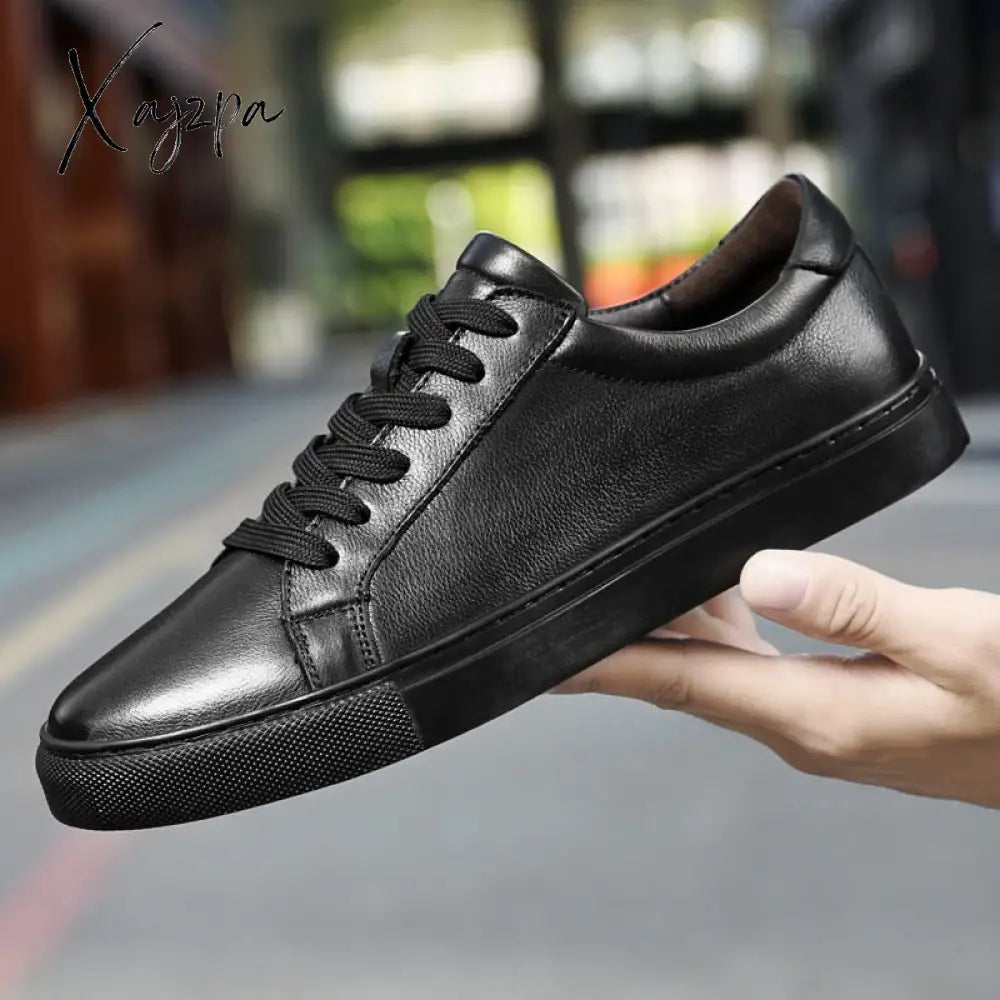 Xajzpa - Fashion Sneakers Men Shoes Genuine Leather Casual Big Size 48 49 Cow Leather New Black /