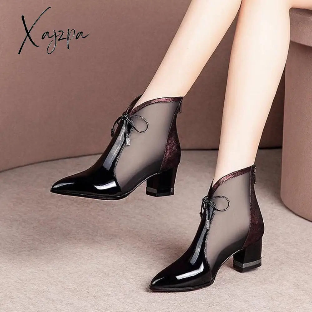 Xajzpa - Fashion Solid Mesh High Heels Pointed Toe Cross Lines Decoration Ankle Lady Boots Women