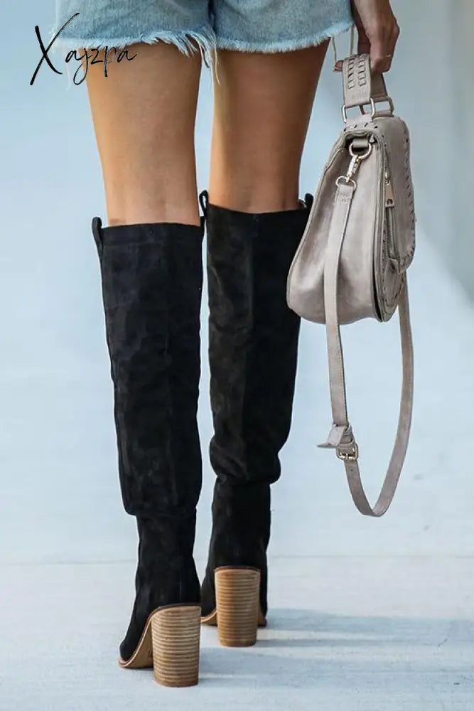 Xajzpa - Faux Suede Chunky Heel Tall Boots