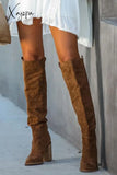 Xajzpa - Faux Suede Chunky Heel Tall Boots Brown / 35