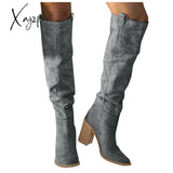 Xajzpa - Faux Suede Chunky Heel Tall Boots Grey / 35