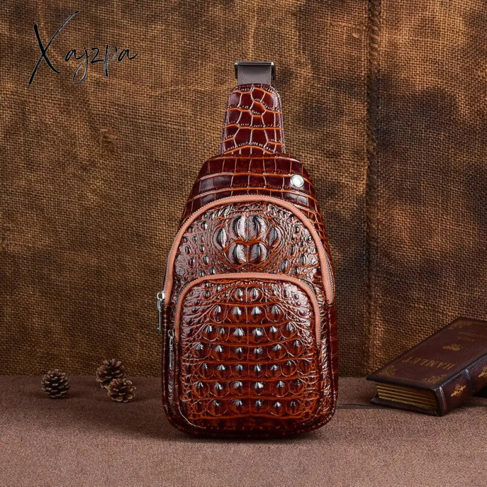 Xajzpa - Genuine Leather Men Chest Pack Shoulder Bag Retro Designe Crocodile Pattern Male Real