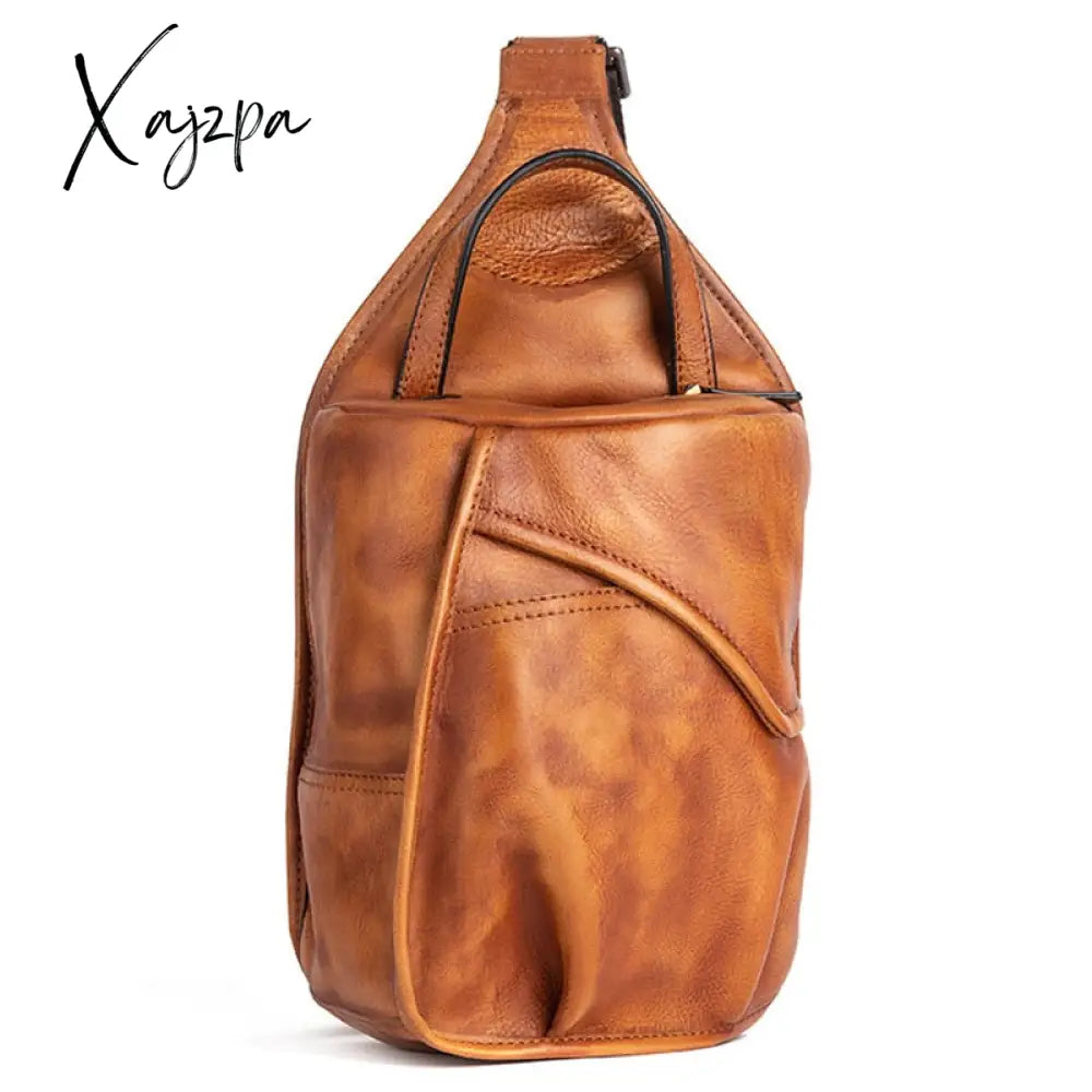Xajzpa - Genuine Leather Sling Backpack Men Chest Cross Body Bag Travel Retro Real Cowhide