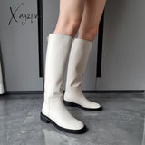 Xajzpa - Ins Women Knee High Boots Genuine Leather Heeled Autumn Winter Warm Shoes Woman Snow