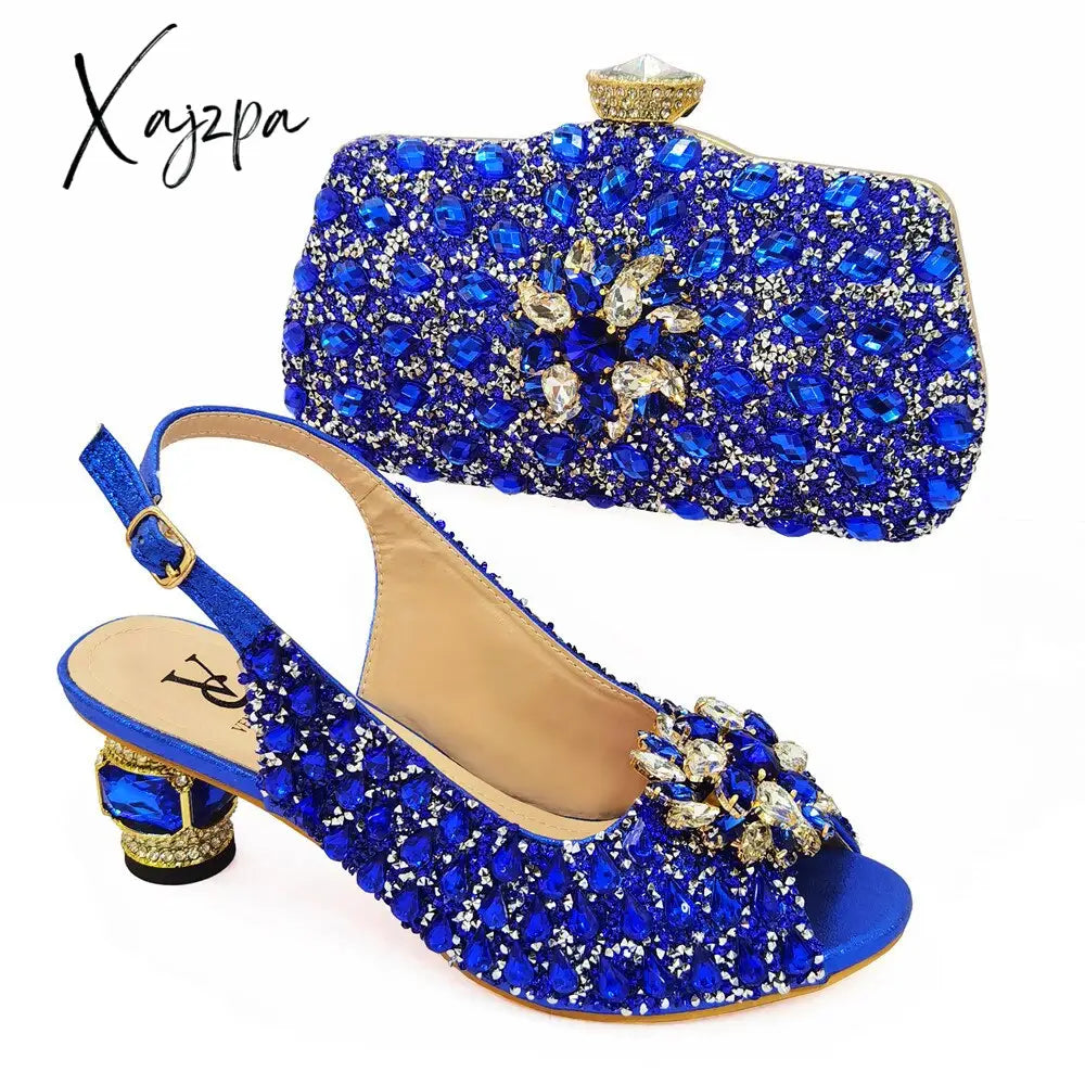 Xajzpa - Ladies Italian Leather Shoe And Bag Set Blue Color With Matching Nigerian Shoes For Party