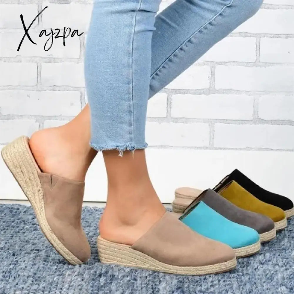 Xajzpa - Ladies Mules Wedges Fashion Suede Closed Toe Sandals Slip On Backless Heeled Shoes For