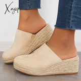 Xajzpa - Ladies Mules Wedges Fashion Suede Closed Toe Sandals Slip On Backless Heeled Shoes For