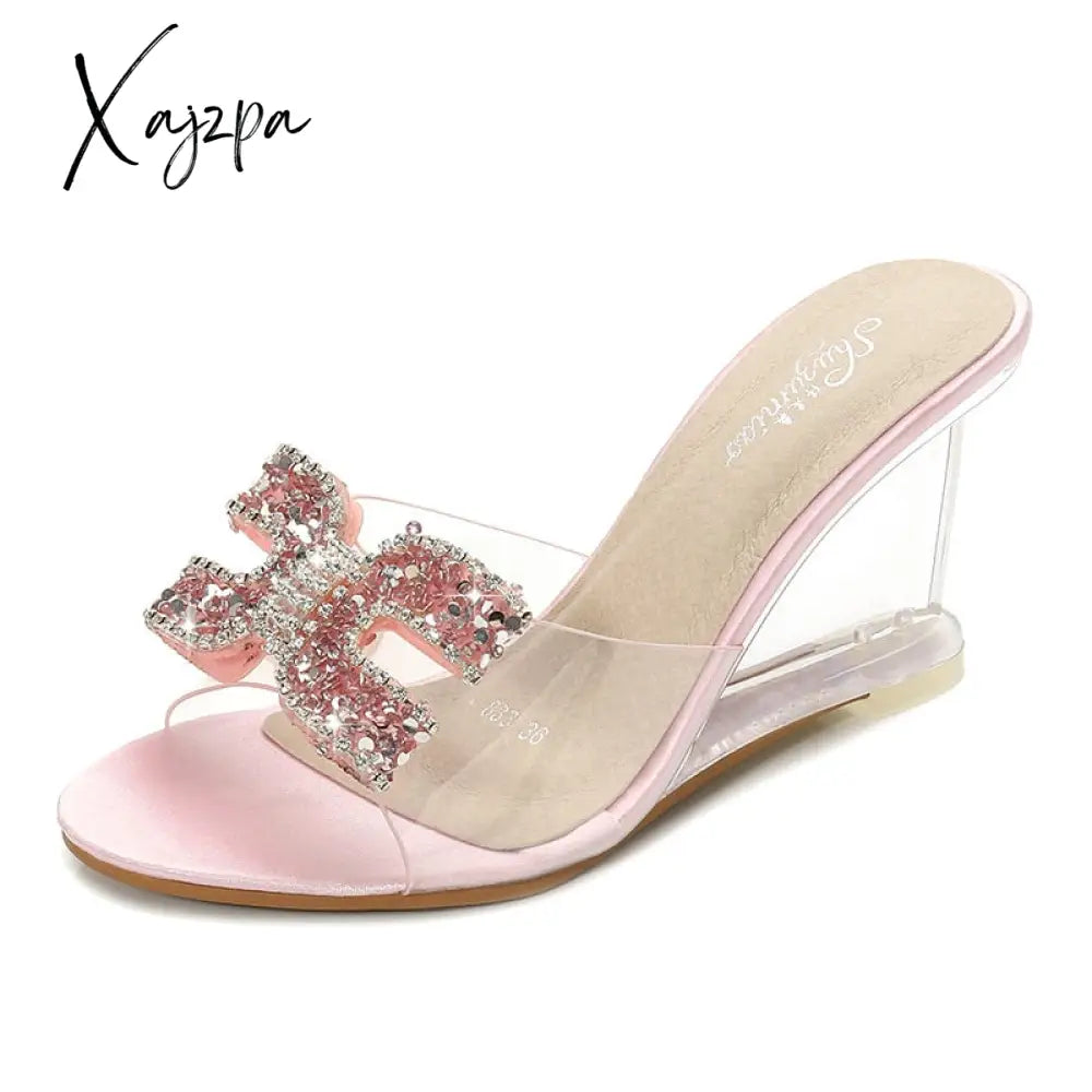 Xajzpa - Ladies Sexy Female Rhinestone Transparent Heel Wedges Slip On Shoe High Crystal Sandals