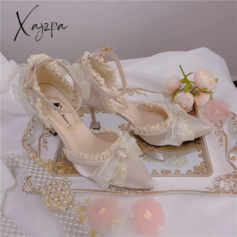 Xajzpa - Lolita High Heels Stiletto Sexy Women Shoes French Style Cosplay Ladies Mesh Bowknot Pumps