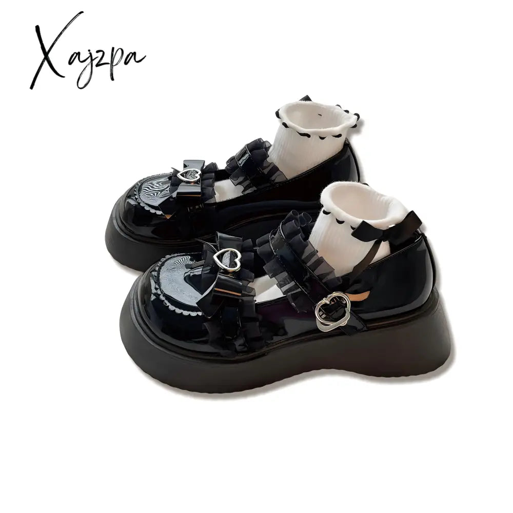 Xajzpa - Lolita Shoes Latform Loafers Mary Jane Women Retro British Small Leather Bow Tie