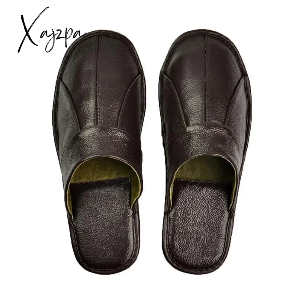 Xajzpa - Luxury Cow Split Leather Handmade Men Home Slippers Spring Slip On Soft Comfortable Black