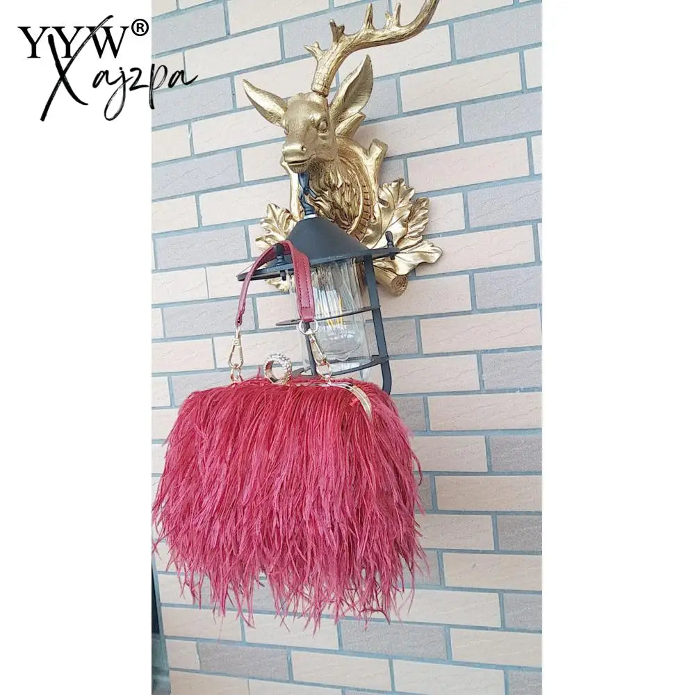 Xajzpa - Luxury Ostrich Feather Evening Bags For Women Chain Shoulder Crossbody Bag Tassel Party