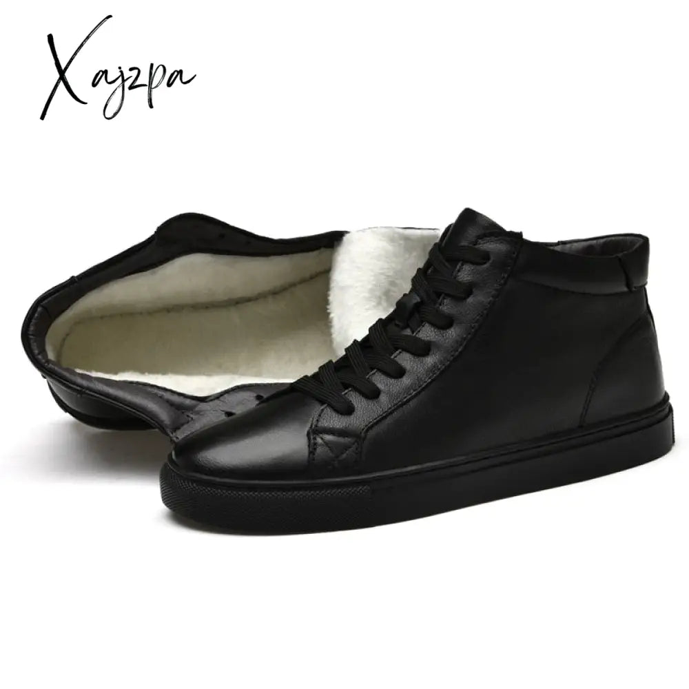 Xajzpa - Men Boots Genuine Leather Warm Fur&Plush Snow Outdoor Ankle Winter Shoes