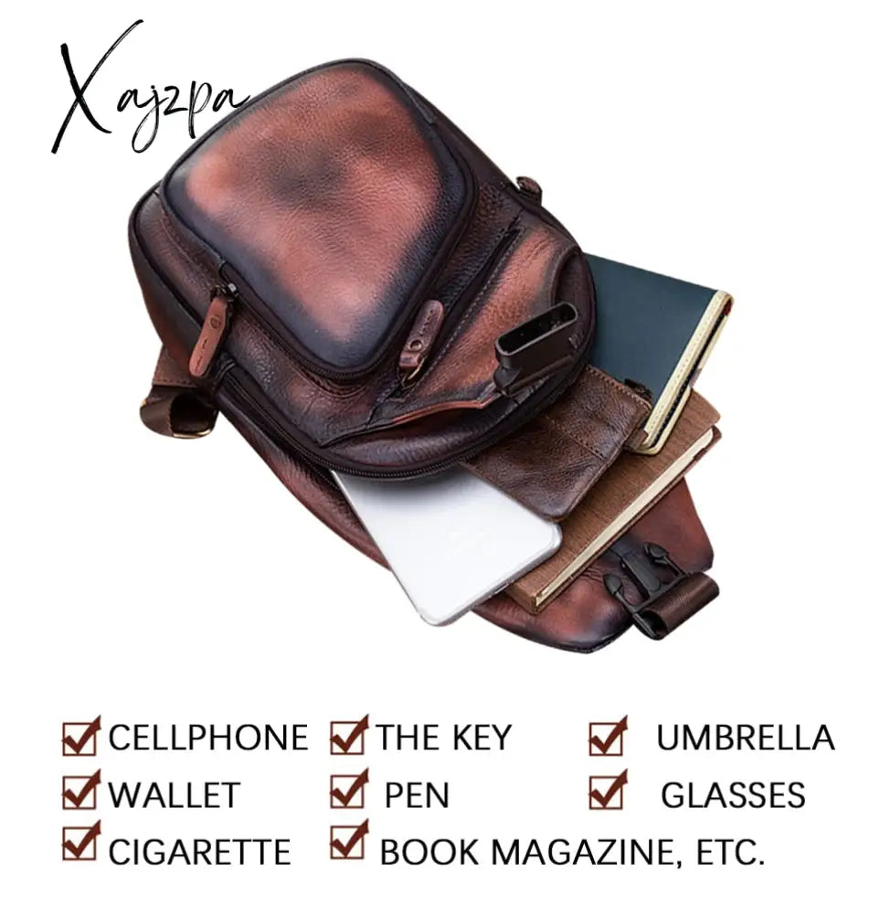 Xajzpa - Men Original Crazy Horse Leather Casual Triangle Crossbody Chest Sling Bag Design Travel