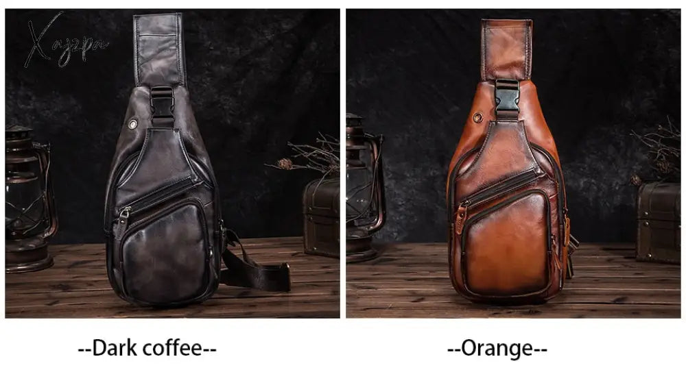 Xajzpa - Men Original Crazy Horse Leather Casual Triangle Crossbody Chest Sling Bag Design Travel