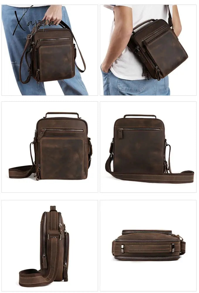 Xajzpa - Men Top Layer Cowhide Genuine Leather Shoulder Bag Handbags Business Travel Retro