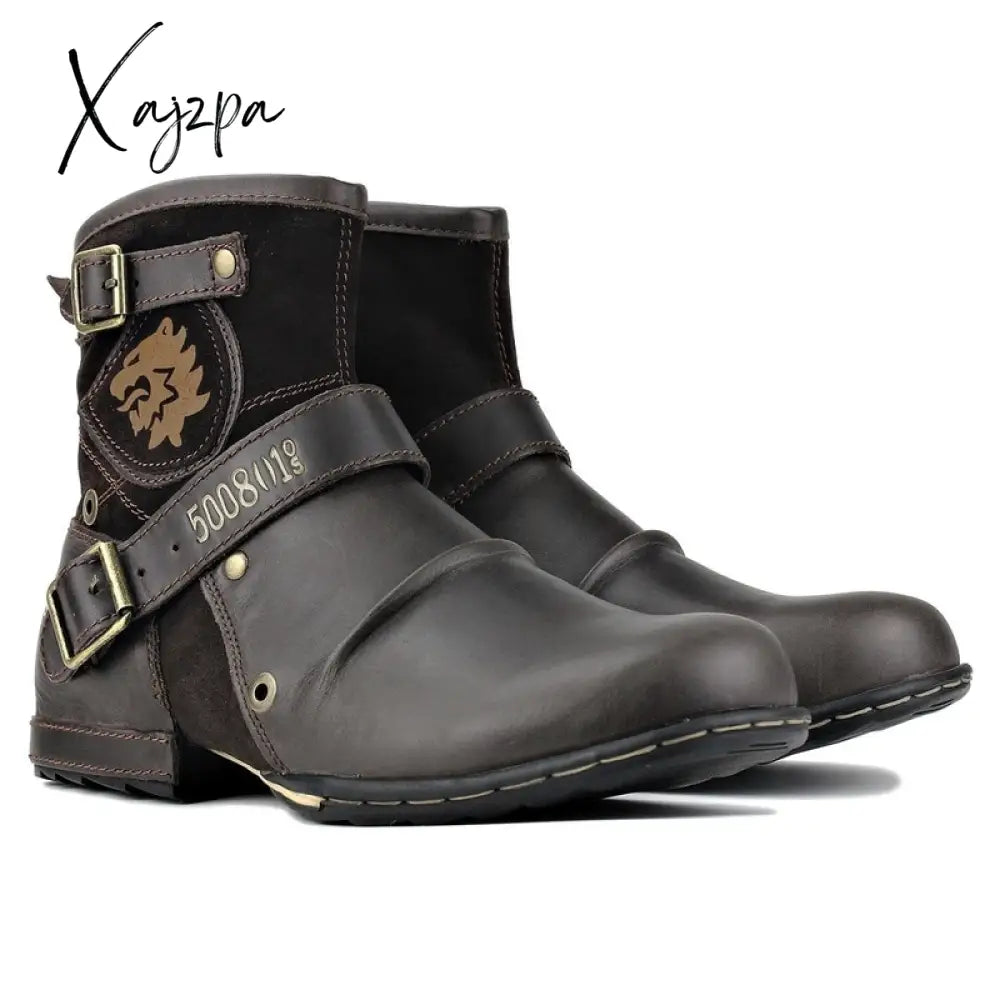 Xajzpa - Men’s Ankle Boots High Quality Cowboy Men Metal Buckle Side Zipper Motorcycle Gothic