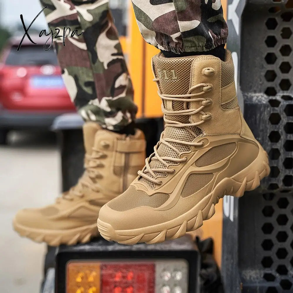 Xajzpa - Menβs Fashion Military Combat Motocycle Boot Mens Ankle Tactical Army Male Shoes Work