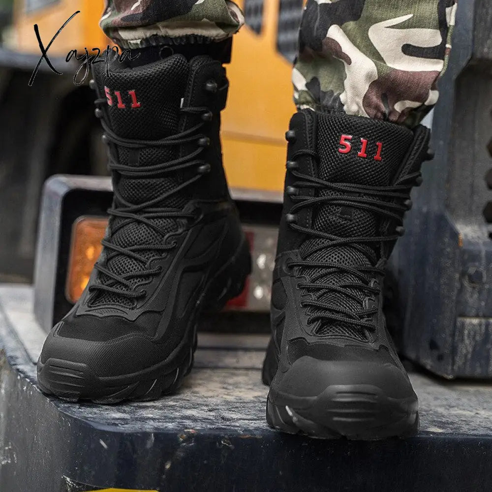 Xajzpa - Menβs Fashion Military Combat Motocycle Boot Mens Ankle Tactical Army Male Shoes Work