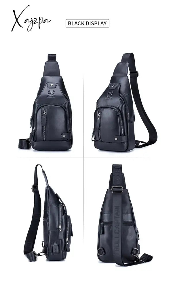 Xajzpa - Men’s Retro Top Layer Cowhide Genuine Leather Shoulder Bags Pack Usb Crossbody Travel