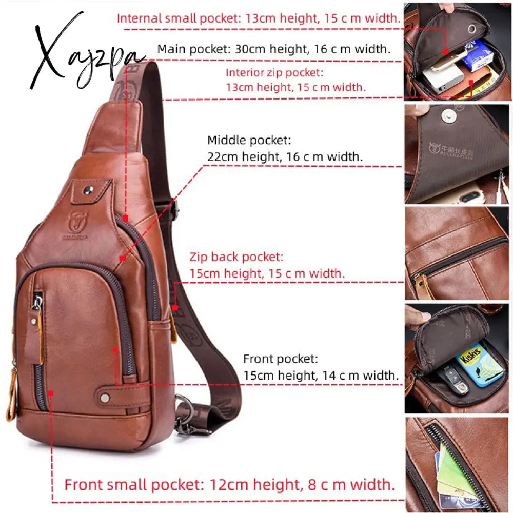 Xajzpa - Men’s Retro Top Layer Cowhide Genuine Leather Shoulder Bags Pack Usb Crossbody Travel